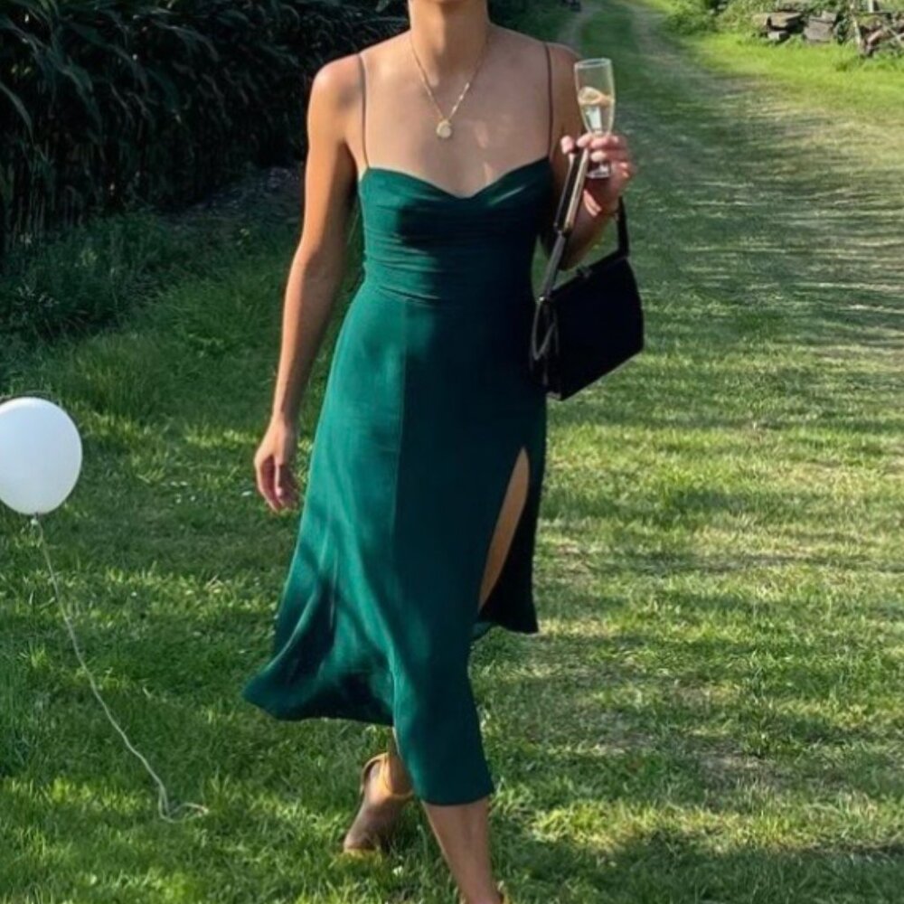 BEST NEW Reformation Juliette Midi Dress Sz8 Emerald Green Cocktail Party - Picture 2 of 9